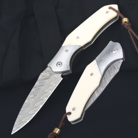 Freewolf Bone Handle Damascus Folding Knife UD408766